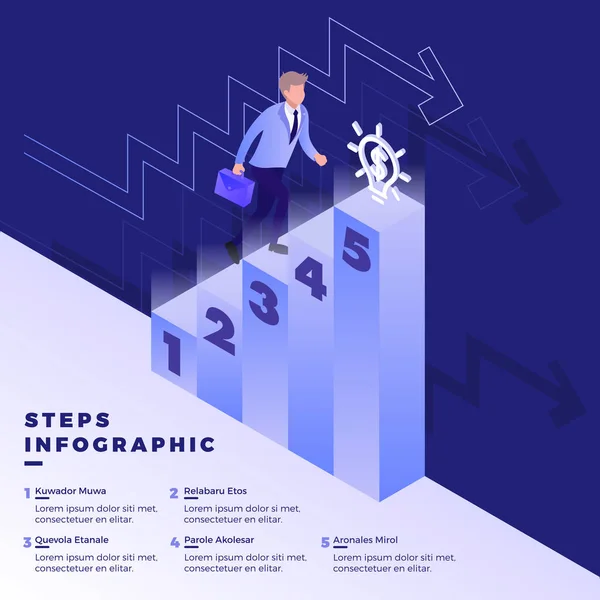 Ilustração Isométrica Dos Empresários Escalando Escadas Para Objetivo Sucesso Infográfico — Vetor de Stock