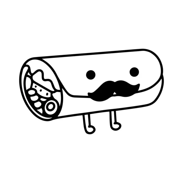 Illustrerad Burrito Med Mustasch Snabbmat Skräpmat Gatumat Med Söta Kawaii — Stock vektor