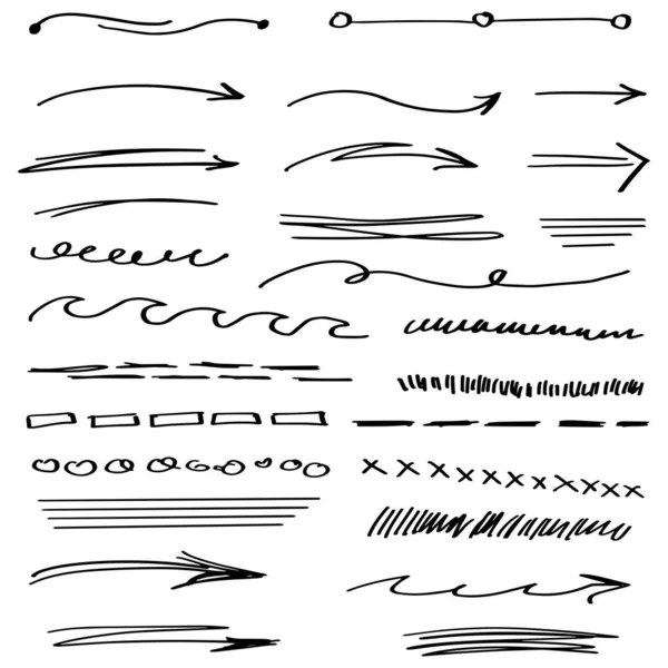 Handdrawn Uppsättning Vektorpilar Doodle Stil Med Borstar Och Markörer — Stock vektor