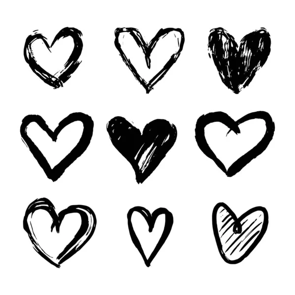 Set Nine Hand Drawn Heart Handdrawn Rough Marker Hearts Isolated — Stock Vector