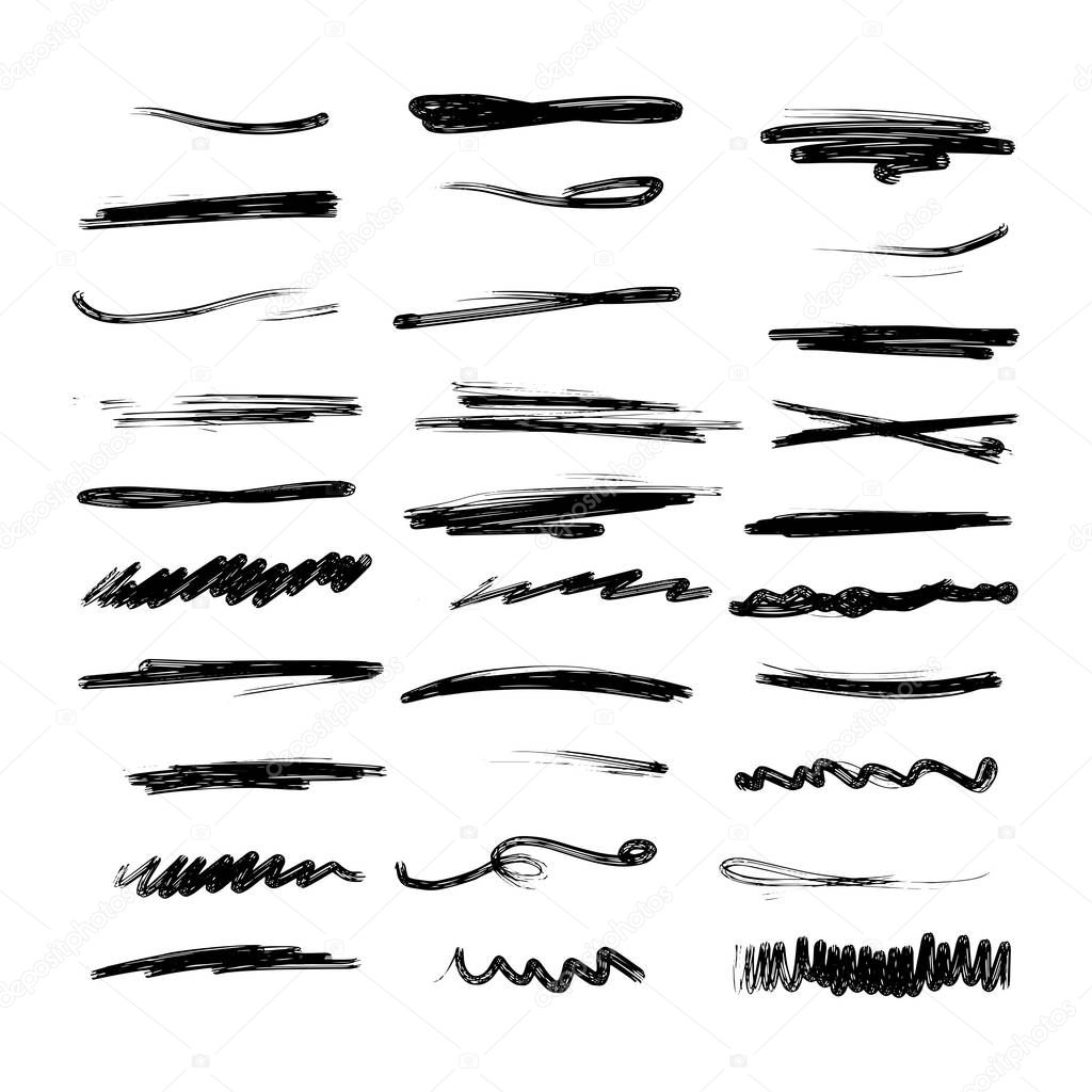 Handmade Collection Set of Underline Strokes in Marker Brush Doodle Style Various Shapes