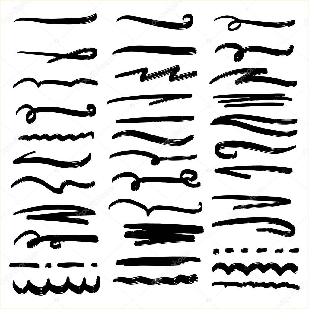 Handmade Collection Set of Underline Strokes in Marker Brush Doodle Style Various Shapes