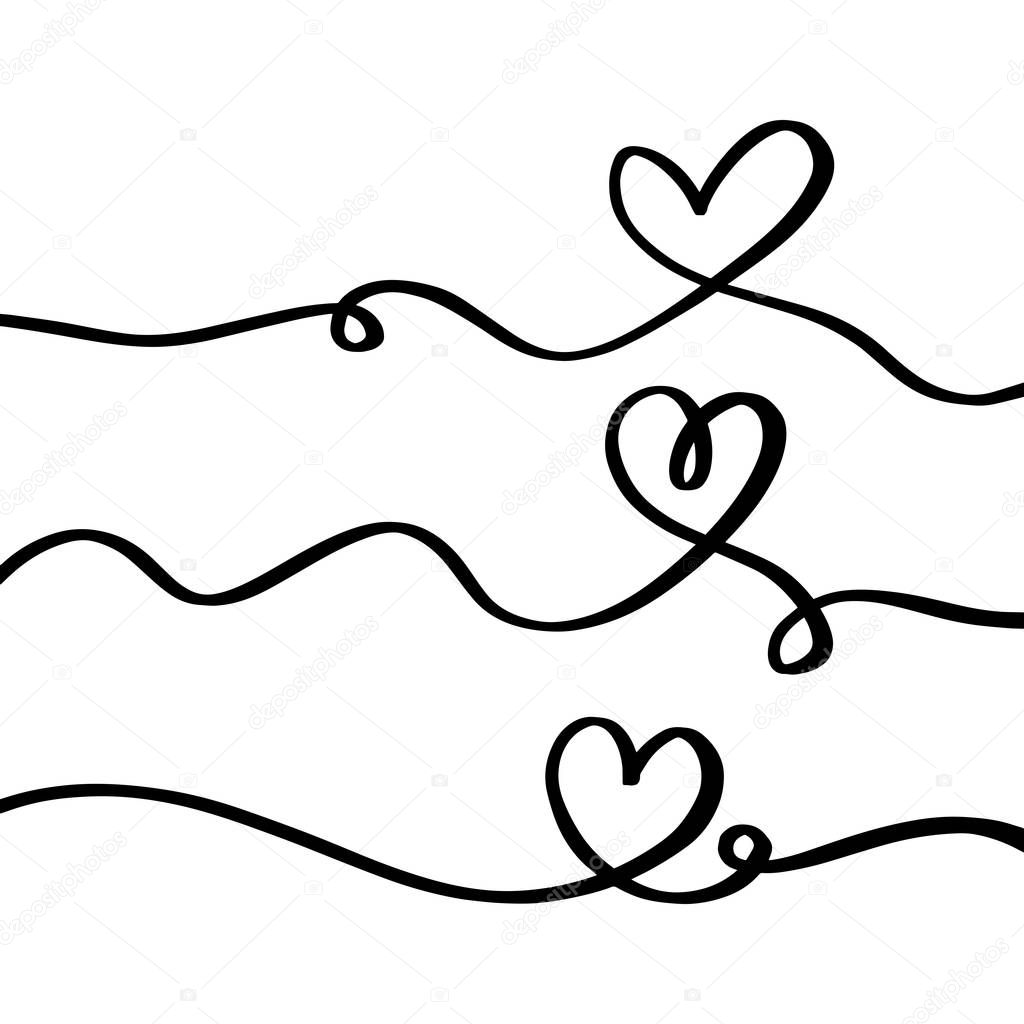 Set of hearts drawn with line and isolated on background. Can be used for greeting cards, posters, or other elements. Vector Illustration 