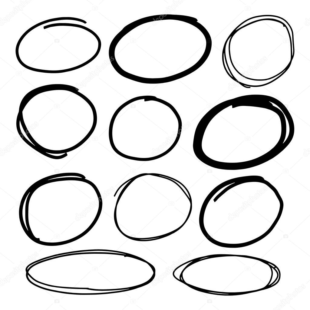 Doodle set of black hand drawn circle line sketch set. Vector circular scribble doodle round circles for message note mark design element