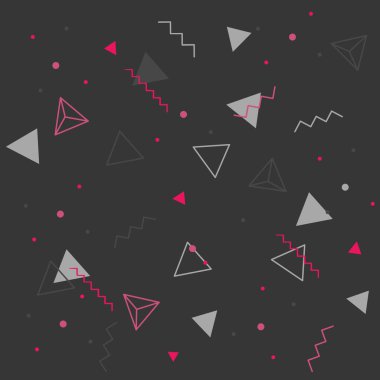 Geometrik vektör deseni, Memphis tarzı desen, çeşitli nesnelerle moda vektör arka plan