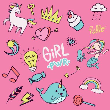 Renkli girly doodle set el çizilmiş sevimli illüstrasyon renkli ve çocuksu