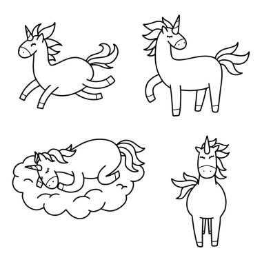 Doodle karikatür tarzı şirin tek boynuzlu at vektör çizim