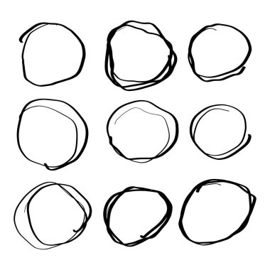 Siyah el çizilmiş daire çizgi kroki seti Doodle seti. Mesaj notu işareti tasarım elemanı için vektör dairesel karalama Doodle yuvarlak daireler