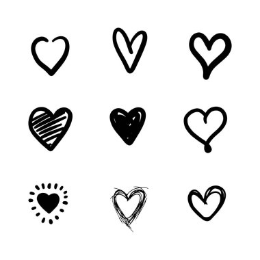 Dokuz el çizilmiş kalp. Beyaz arka planda izole edilmiş kabataslak işaretli kalpler. Grafik tasarımınız için vektör illüstrasyonu 