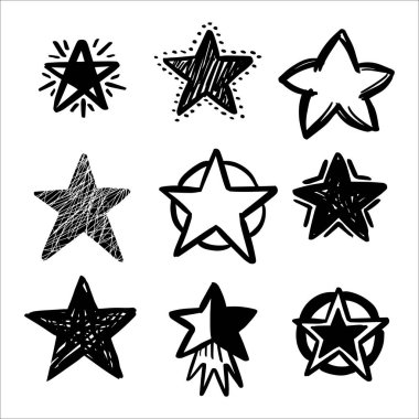 Doodle tarzı beyaz arka planda siyah elle çizilmiş vektör yıldız kümesi. Desen veya tek başına öğesi olarak kullanılabilir. Yarım yamalak fırça işareti