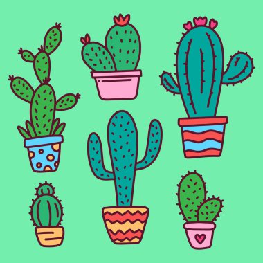 Çizilmiş Cactus Collection set sevimli çiçek Meksika