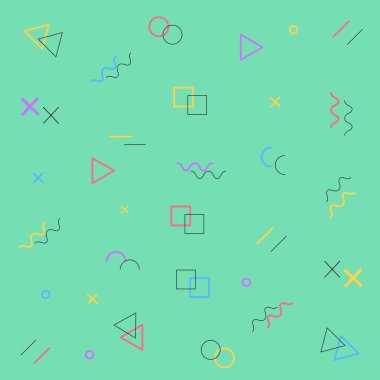 Geometrik vektör deseni, Memphis tarzı desen, çeşitli nesnelerle moda vektör arka plan