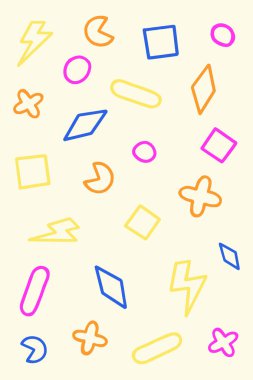 eometrik vektör deseni, Memphis tarzı desen, çeşitli nesnelerle moda vektör arka plan