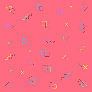 Geometrik vektör deseni, Memphis tarzı desen, çeşitli nesnelerle moda vektör arka plan