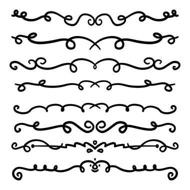 Handdrawn girdaplar ve eğriler koleksiyonu. Düğün kartları için süs eşyaları tasarım elemanı, davetiyeler, tarih kartları, restoran için el ilanları kaydetmek