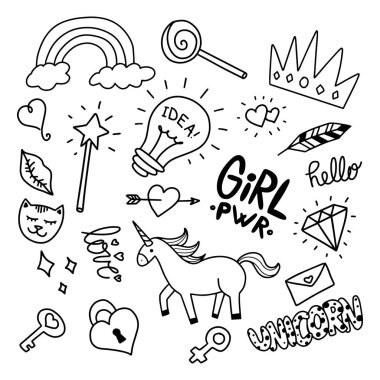 Renkli girly doodle set el çizilmiş sevimli illüstrasyon renkli ve çocuksu