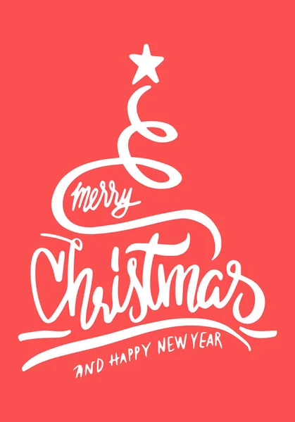 手描きメリークリスマスタイポグラフィポスター レタリングデザインカードテンプレート ホリデーグリーティングギフトポスター 白い言葉 クリスマス要素 アイコン 赤の背景 — ストックベクタ