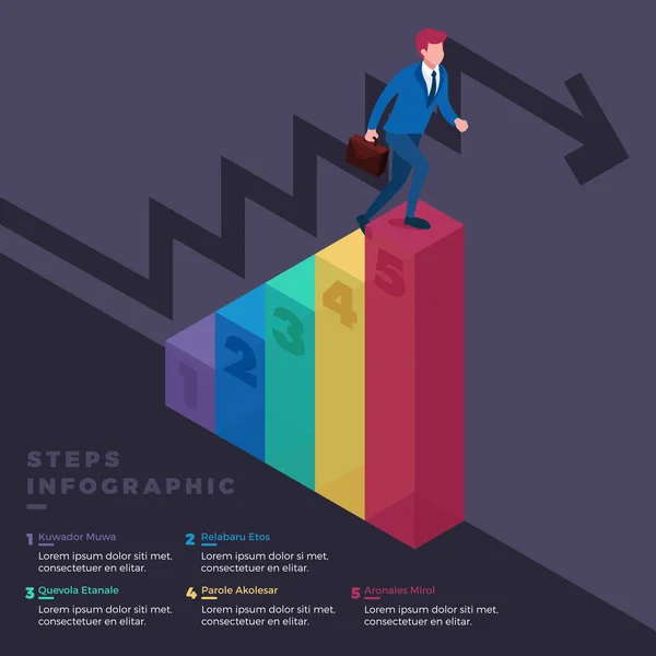 Ilustração Isométrica Dos Empresários Escalando Escadas Para Objetivo Sucesso Infográfico — Vetor de Stock