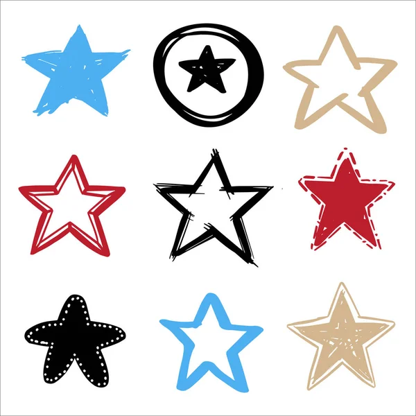 Conjunto Estrellas Vectoriales Dibujadas Mano Negras Estilo Garabato Sobre Fondo — Vector de stock