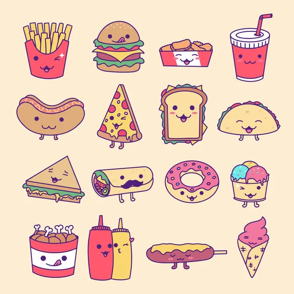 Collection Set Fast Food Junk Food Street Food Cute Kawaii — Stock Vector