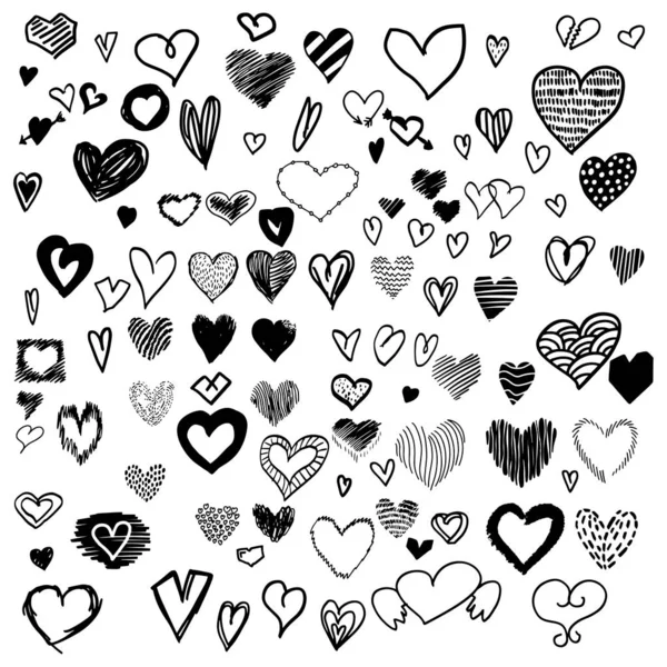 Conjunto Nueve Corazón Dibujado Mano Corazones Marcadores Ásperos Hechos Mano — Vector de stock