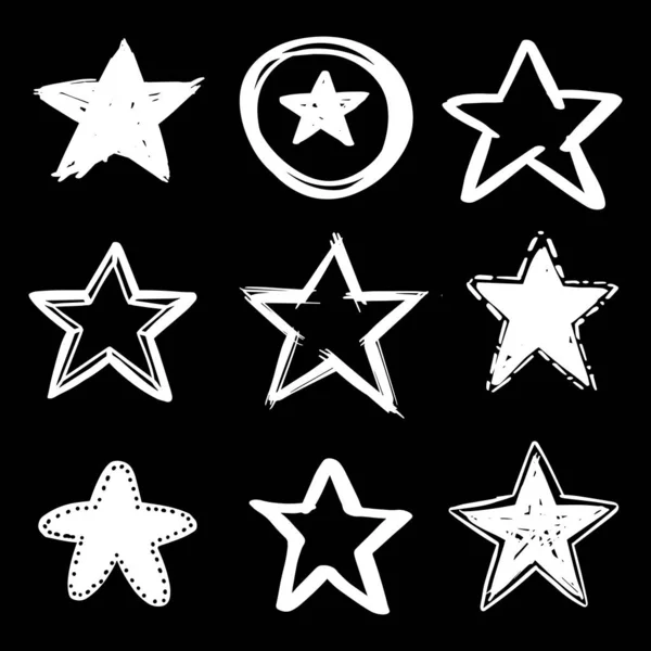 Set Black Hand Drawn Vector Stars Doodle Style White Background — Stock Vector