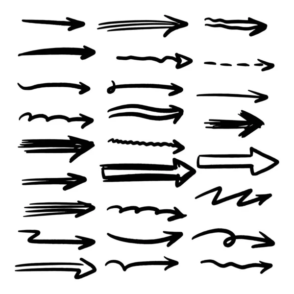 Set Flechas Vectoriales Dibujadas Mano Estilo Doodle Hechas Con Pinceles — Vector de stock