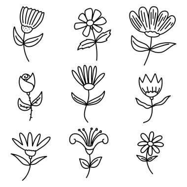 Çiçekler hazır. Elle çizilen çiçek elementleri koleksiyonu - Vektör illüstrasyon Eps