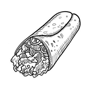 Beyaz arka planda siyah Buritto Çizilmiş İllüstrasyon - Vektör Eps