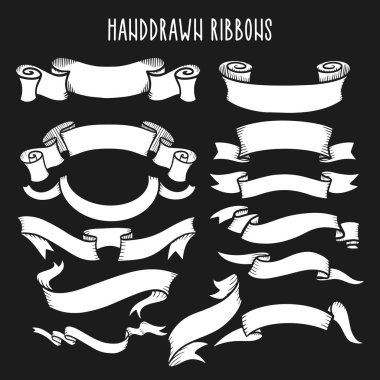 El çizilmiş şeritler / afiş seti. El çizilmiş Rozet, afiş, şerit, bayrak, güneş patlaması tasarım elemanı. Vektör çizimi.