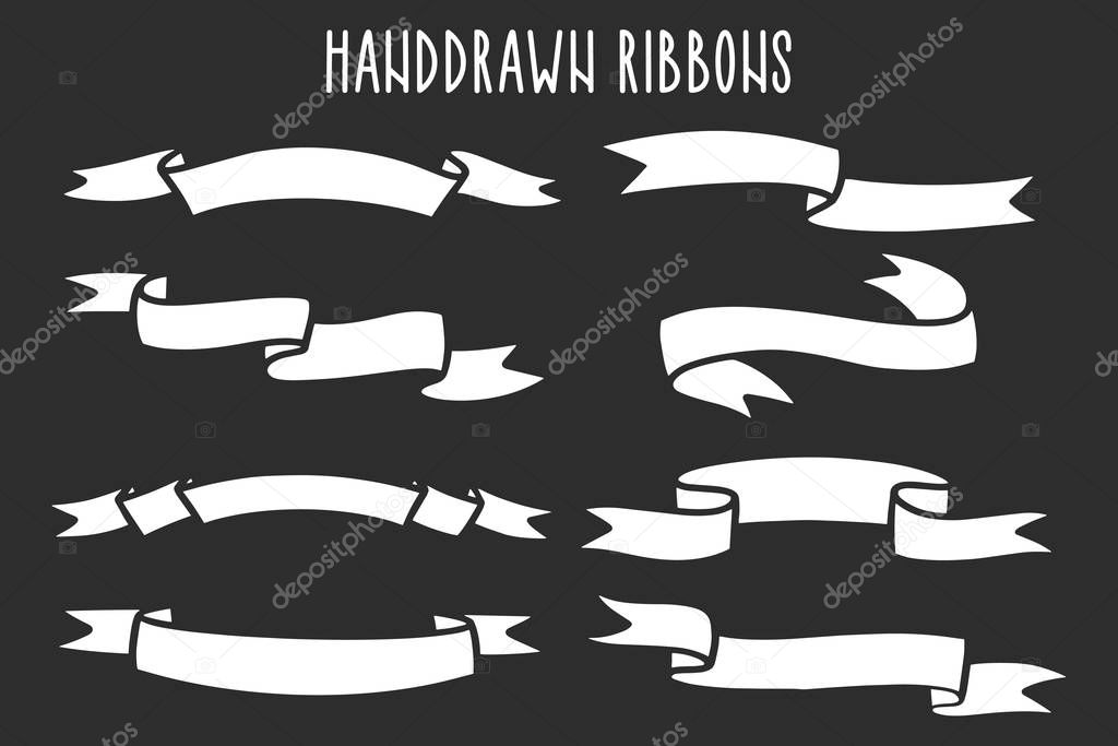 Set of Hand drawn ribbons / banners. Hand drawn Badge, banner, ribbon, flag, sunburst design element. Vector illustration.