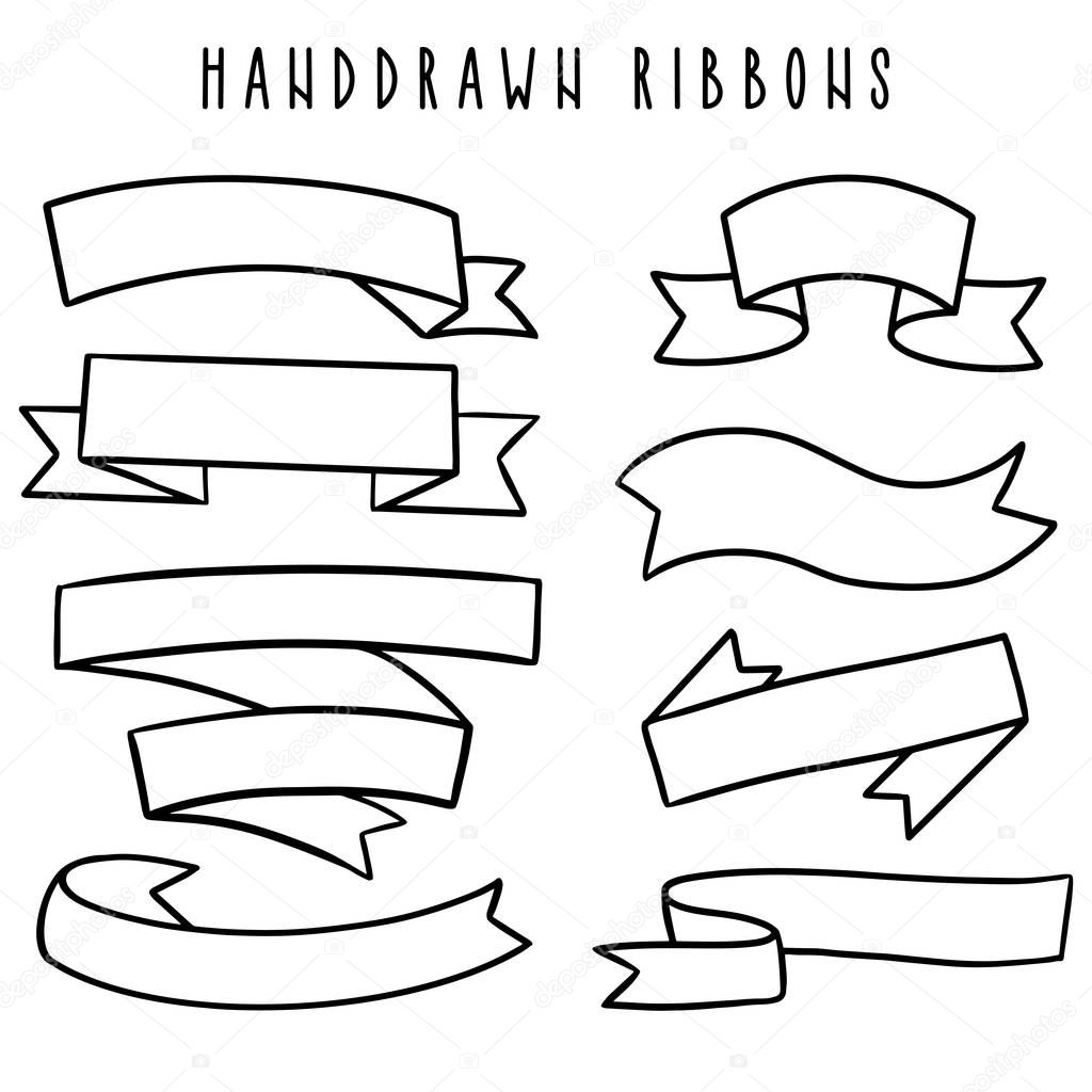 Set of Hand drawn ribbons / banners. Hand drawn Badge, banner, ribbon, flag, sunburst design element. Vector illustration.