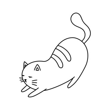 Doodle tarzında el çizilmiş sevimli kedi illüstrasyon. Çocuklar, kadınlar, komik, sevimli. Vektör Eps