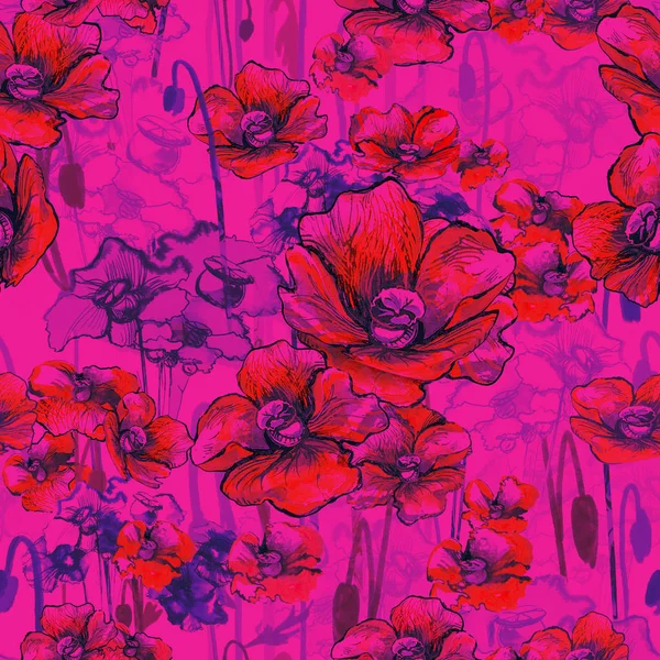 Mönster Med Röda Vallmo Blommor — Stockfoto
