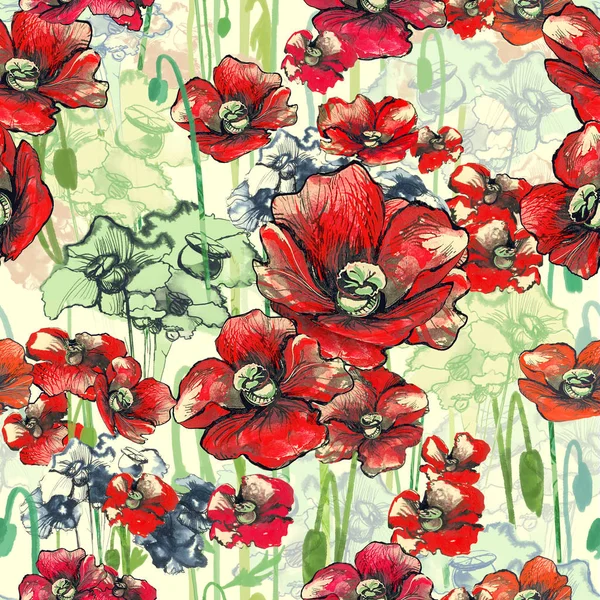 Візерунок Червоними Маками Квіти — стокове фото
