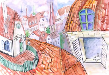 çocuklar için çatı suluboya kroki