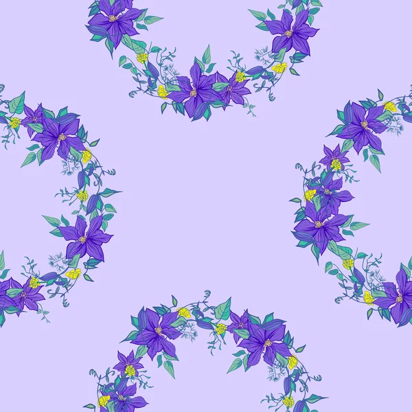 seamless pattern with purple flowers woven into a wreath, delicate purple background, floral pattern. delicate lilac pattern suitable for women's dress or design for girls, lilac twine wreaths of flowers circling as if on a gentle background