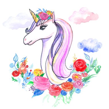 suluboya tek boynuzlu at ve çiçekler
