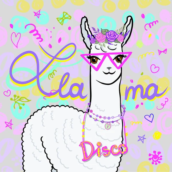 Llama çiçek portre bir çelenk gözlük ile kapatın. Llama yazıt ı ve şeker arka planda gül ve diğer çiçeklerin bir çelenk llama portre. Dekorasyon yazıt disko ile Llama. elle çizilmiş.