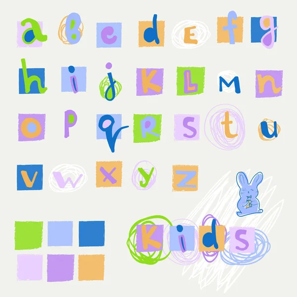 Multi Colored Alphabet Children Elements Uneven Squares Blotches Curves Hand — Stock Vector