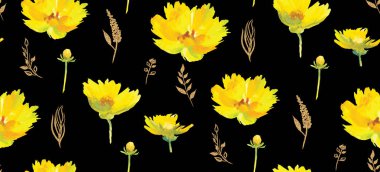 Çiçekli ve altın yapraklı kusursuz suluboya deseni. Sulu boyalı sarı çiçeklerdeki şirin desenler Siyah bir arkaplanda