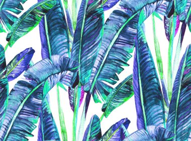 Sulu renkli, yeşil gölgeli muz palmiyeli kusursuz desen.