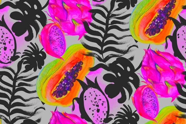 Sömlöst mönster med svarta tropiska blad och akvarell pitahaya och papaya — Stockfoto