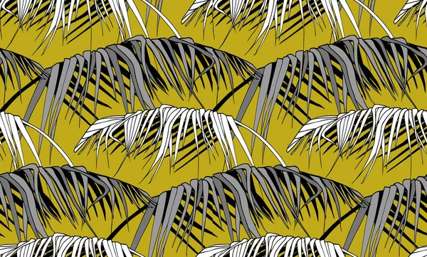 Uniseks için siyah ve beyaz tropikal palmiye dalları olan pürüzsüz desen — Stok Vektör