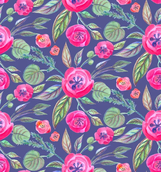 Moderní Akvarel Bezešvný Vzor Růžovými Květy Tmavém Pozadí Pro Tkaniny — Stock fotografie