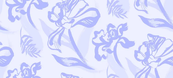 Zartes blaues Muster mit offenen, mit Gouache bemalten Tulpen — Stockfoto