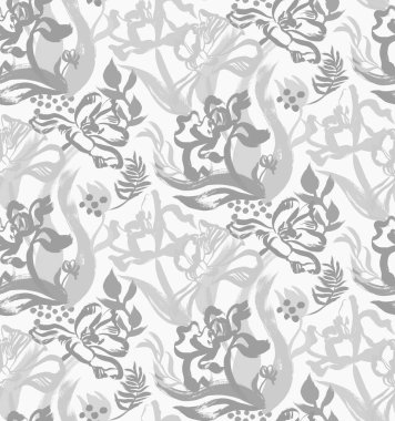 Gri çiçek desenleri ve açık laleler.