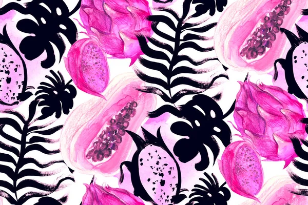 Padrão sem costura de silhuetas de folhas desenhadas com uma escova seca e frutas tropicais — Fotografia de Stock