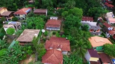 Brezilya, Ilha Grande, Rooftops ve Palmiye ağaçları Brezilya Ilha Grande adasında evler ve orman havadan görünümü