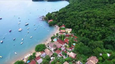 Brezilya, Ilha Grande, Rooftops ve Palmiye ağaçları Brezilya Ilha Grande adasında evler ve orman havadan görünümü